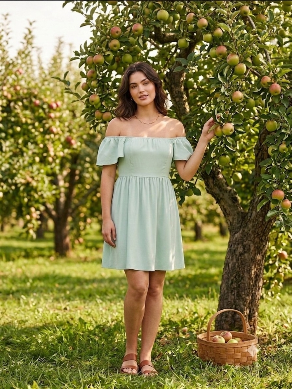 Off-the-Shoulder Mint Green Midi Dress with Flutter Sleeves